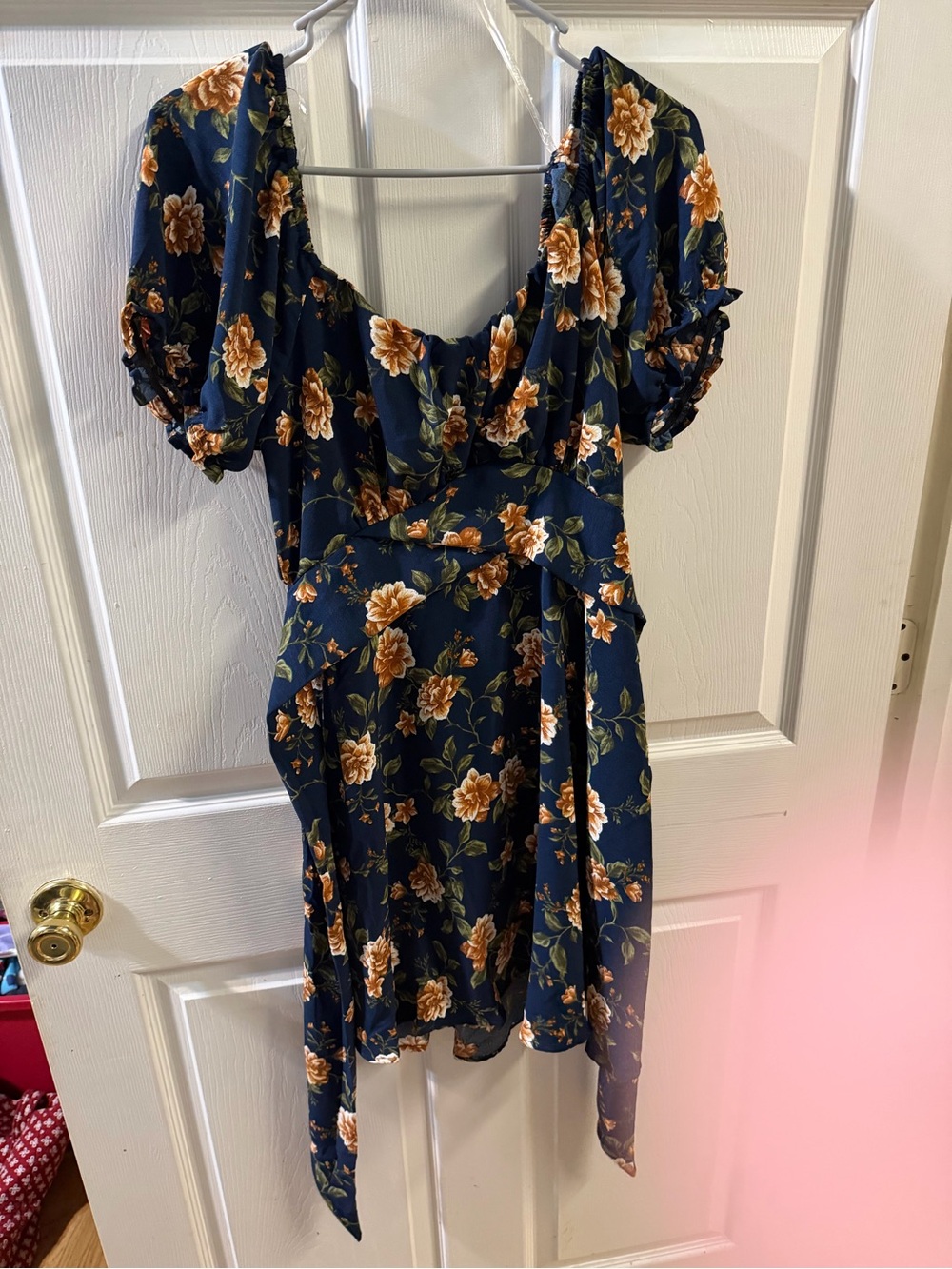 Navy Floral Mini Dress with Puff Sleeves and Tie Waist
